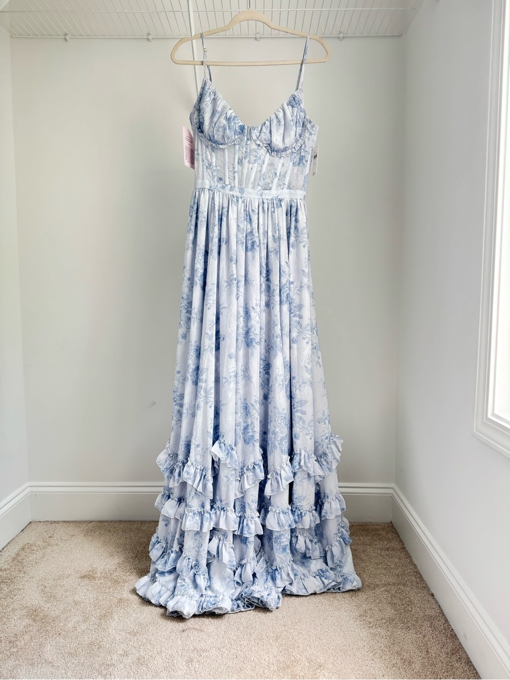 NWT REVOLVE V. Chapman Carmen Corset Front-Slit Ruffled Chiffon Gown - Picture 5 of 11
